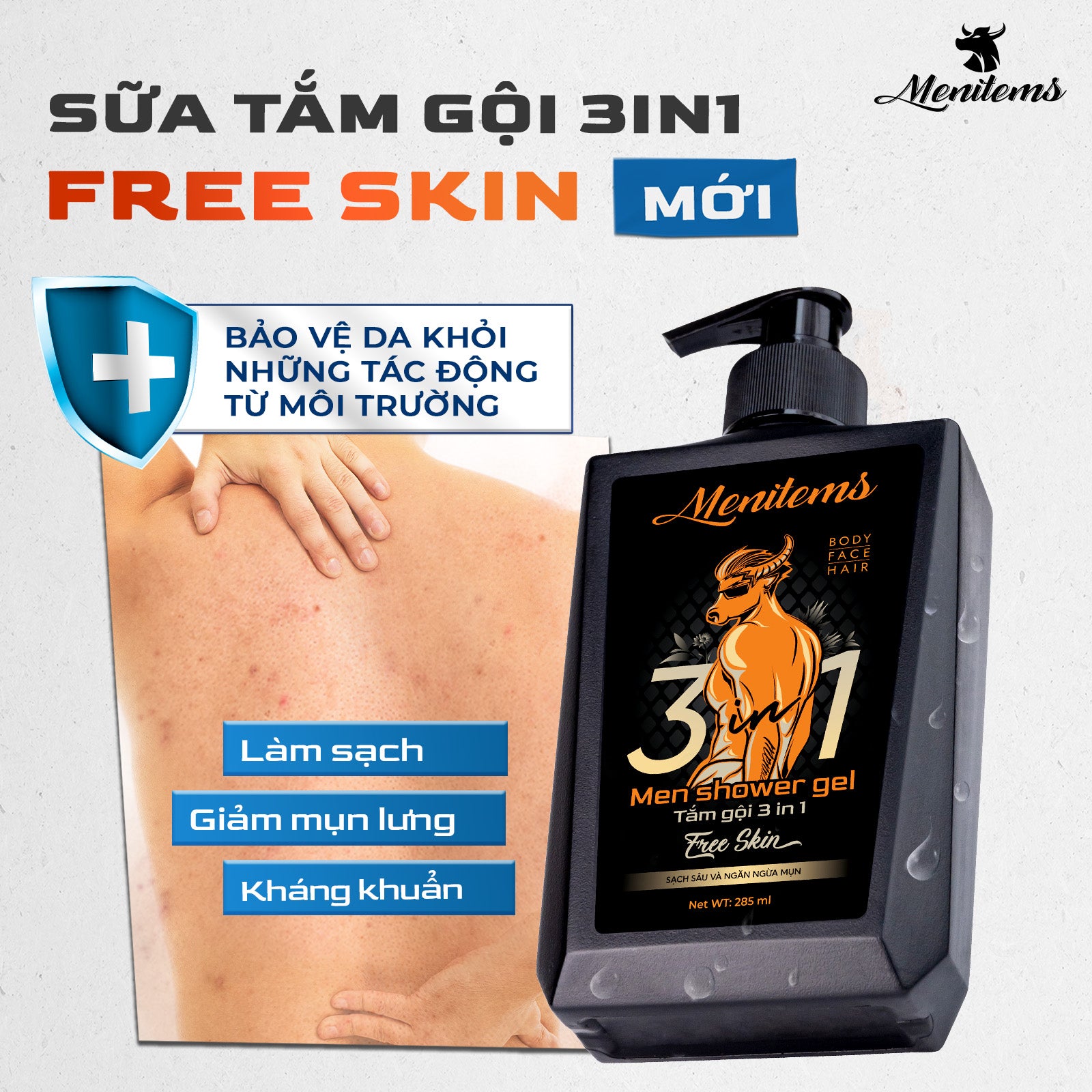 MENITEMS RA MẮT SỮA TẮM 3IN1 - HỖ TRỢ GIẢM MỤN LƯNG CHO DA NAM GIỚI